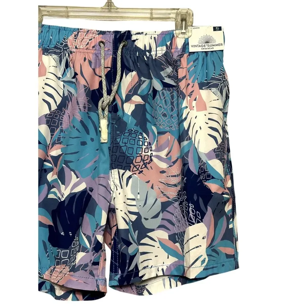 Vintage Swim Mens Multi Color Leaf Print Drawstring Quick Dry Swim Trunks XL NWT